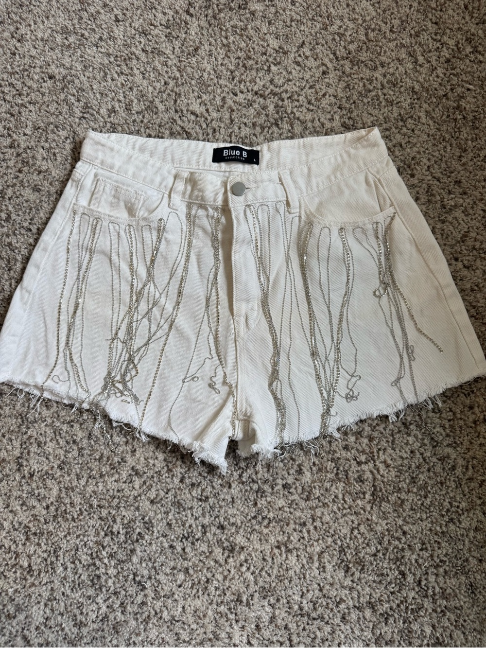 White Frayed Rhinestone Denim Shorts
